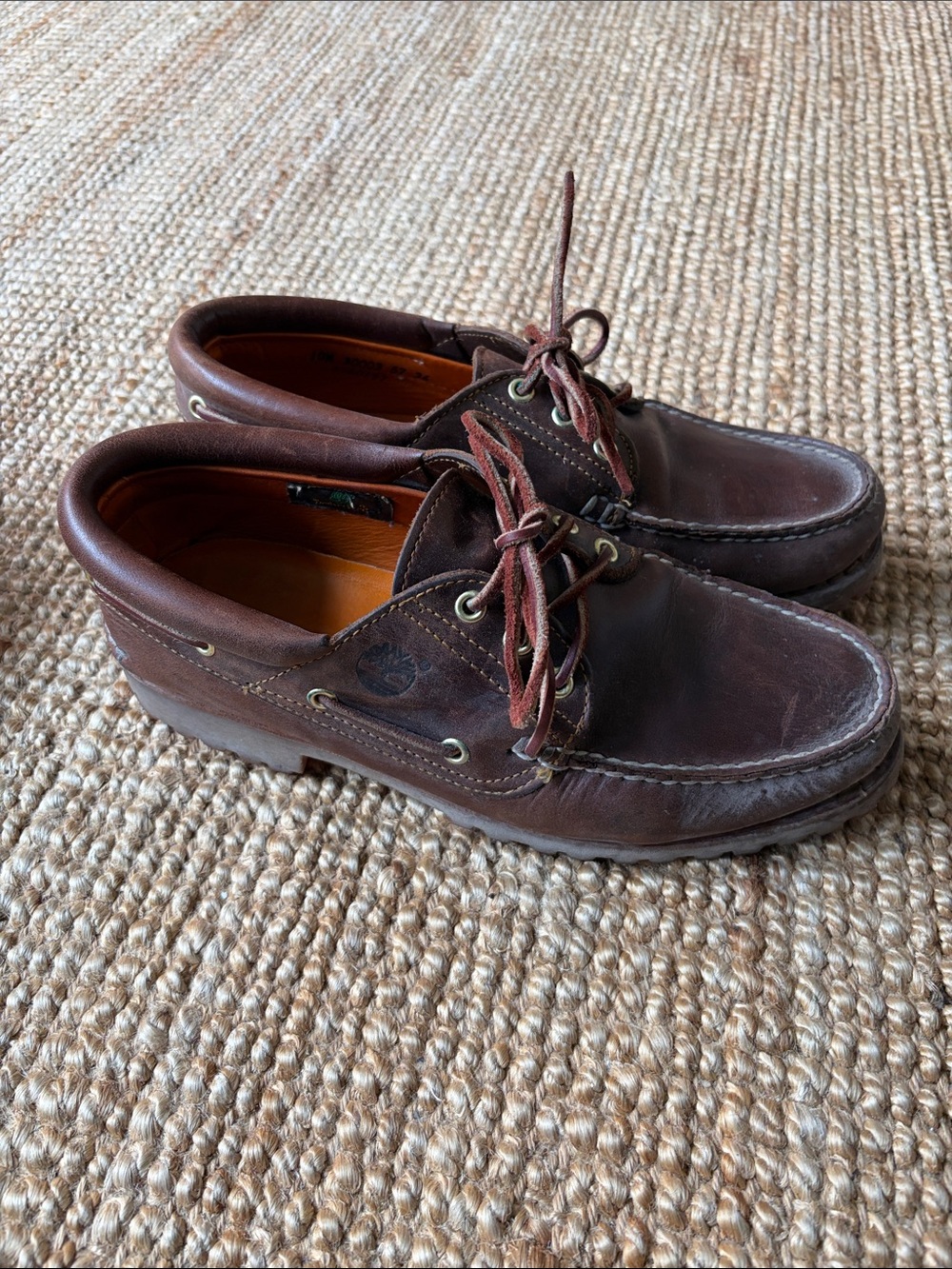 Timberland Brown Leather Moc Toe Boat Shoes with Orange Lining